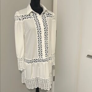 White Bishop Sleeve Sheath Dress with Notched Collar